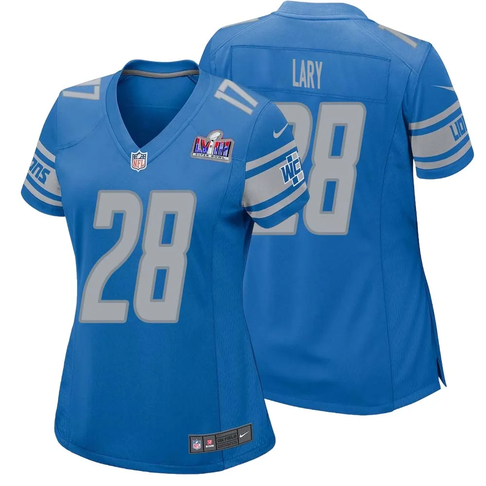 Yale Lary No 28 Womens Custom Blue Detroit Lions Super Bowl LVIII Player Home Game Jersey