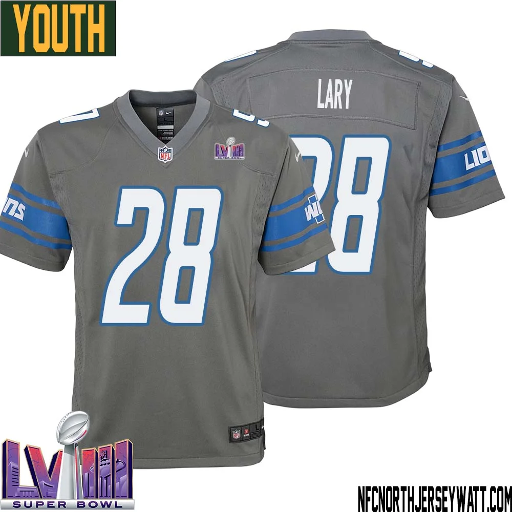 Yale Lary No 28 Youth Grey Detroit Lions Player Super Bowl LVIII Alternate Game Jersey 1