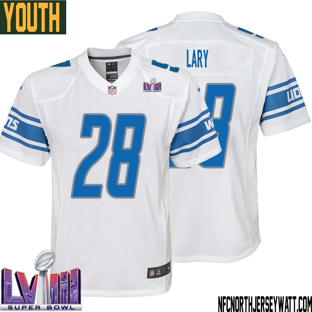 Yale Lary No 28 Youth White Detroit Lions Player Super Bowl LVIII Away Game Jersey