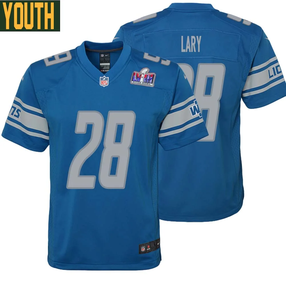 Yale Lary No 28 Youths Custom Blue Detroit Lions Super Bowl LVIII Player Home Game Jersey