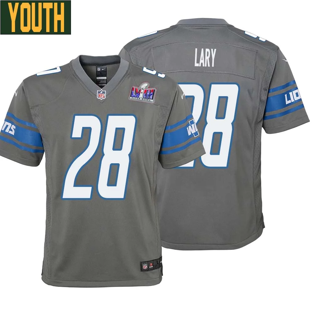 Yale Lary No 28 Youths Custom Gray Detroit Lions Alternate Super Bowl LVIII Game Jersey