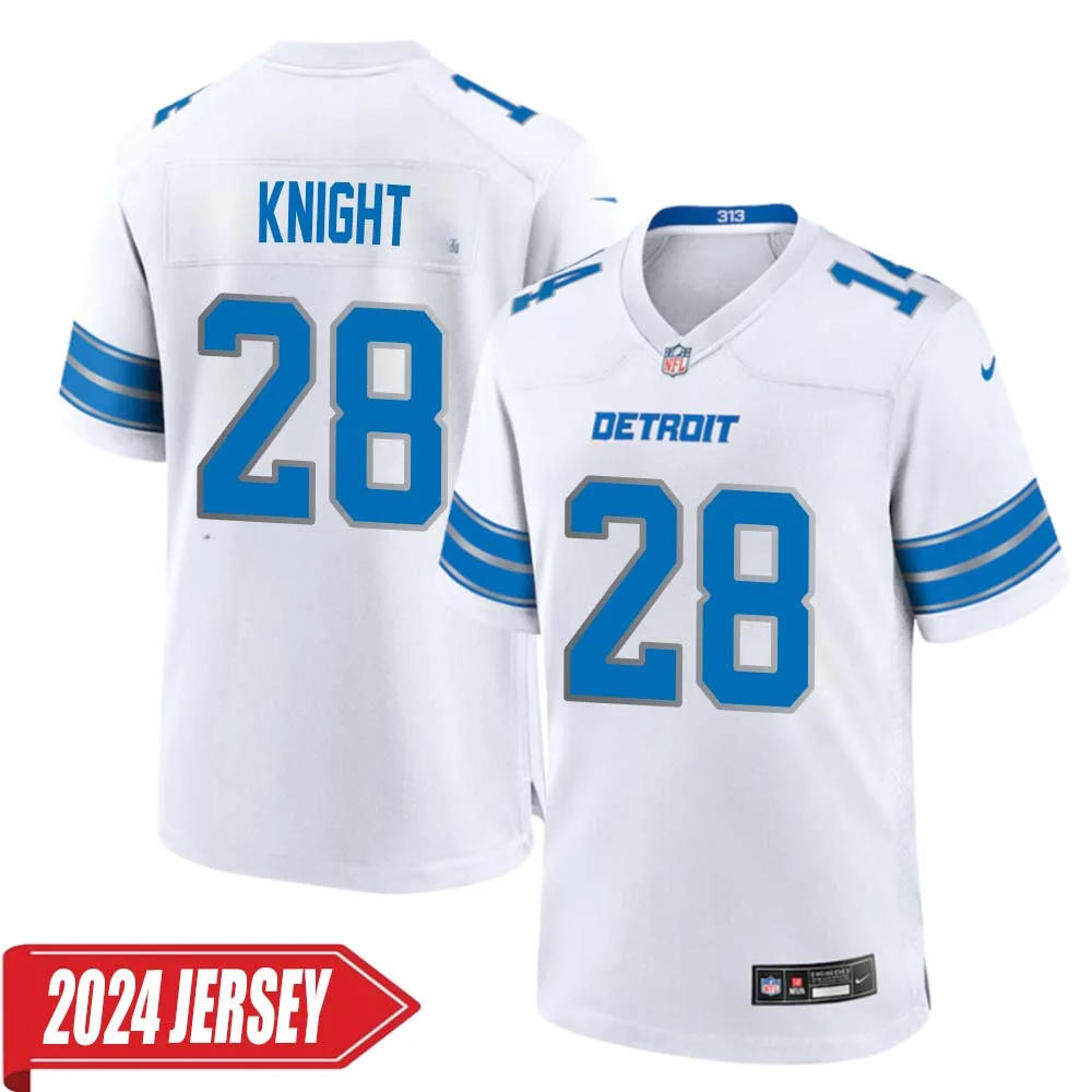 Zonovan Knight No 28 Men s Detroit Lions Away Game 2024 Jersey White