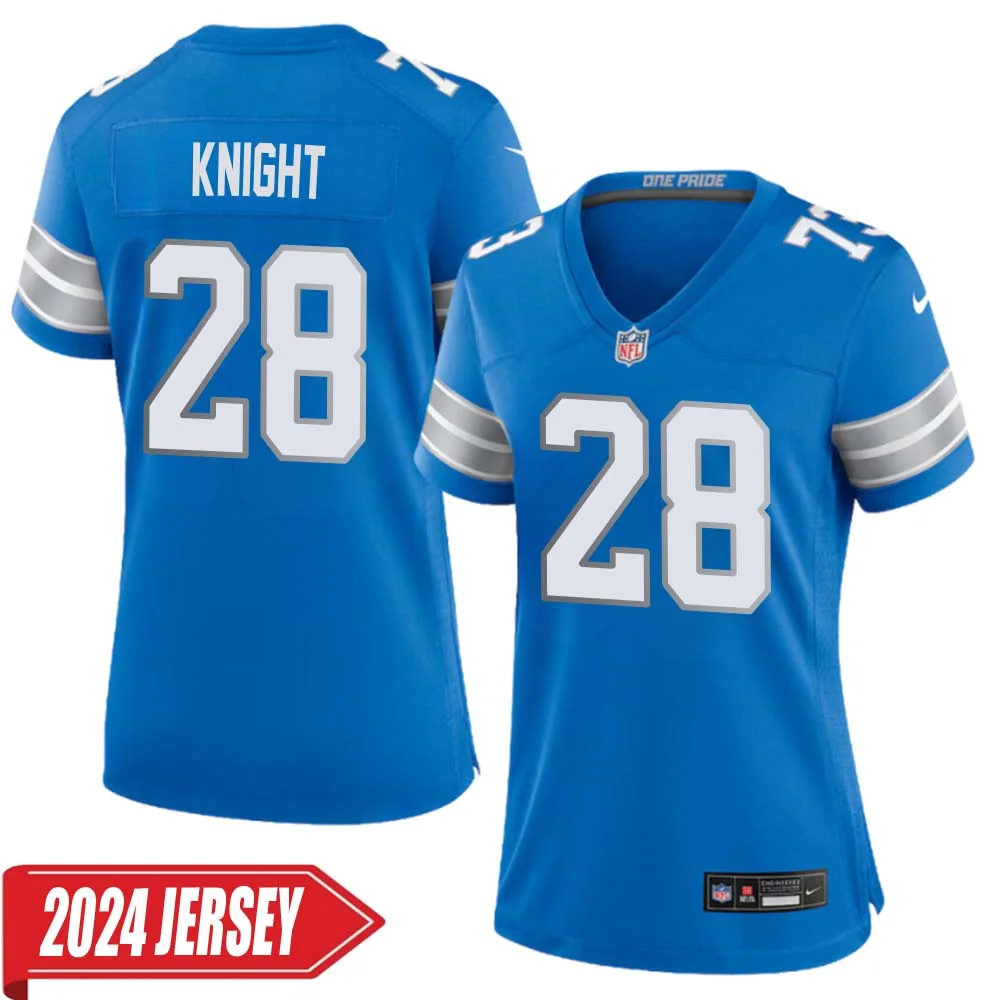 Zonovan Knight No 28 Woman s Detroit Lions Home Game 2024 Jersey Blue