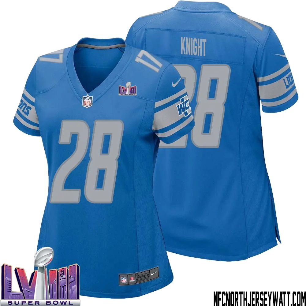 Zonovan Knight No 28 Women Blue Detroit Lions Player Super Bowl LVIII Home Game Jersey