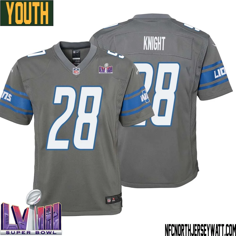 Zonovan Knight No 28 Youth Grey Detroit Lions Player Super Bowl LVIII Alternate Game Jersey 1
