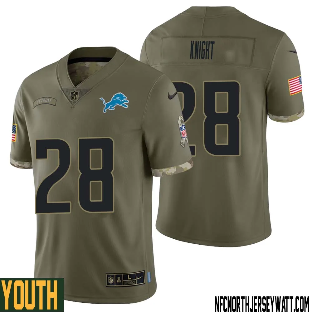 Zonovan Knight No 28 Youth Olive Detroit Lions 2022 Salute To Service Retired Player Limited Jersey