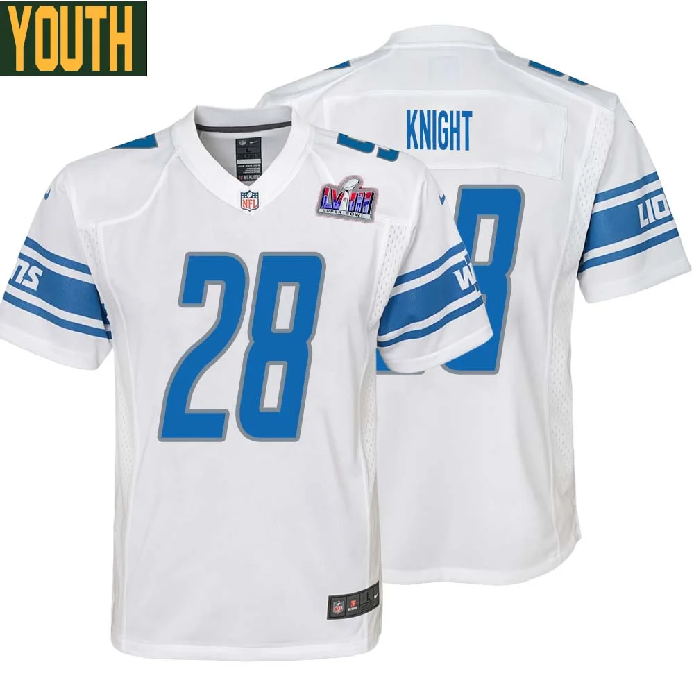 Zonovan Knight No 28 Youths Custom White Detroit Lions Super Bowl LVIII Away Game Jersey