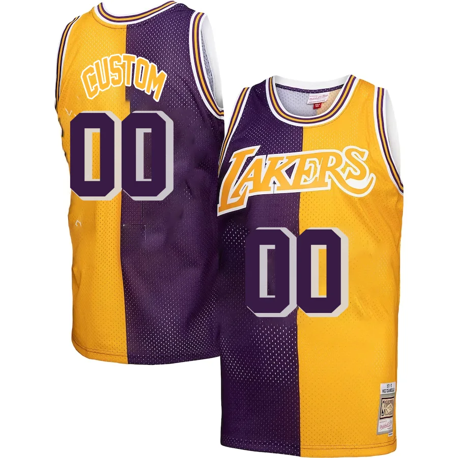 Custom Los Angeles Lakers Mitchell _ Ness Hardwood Classics 1971-72 Split Swingman Jersey - Purple Gold -