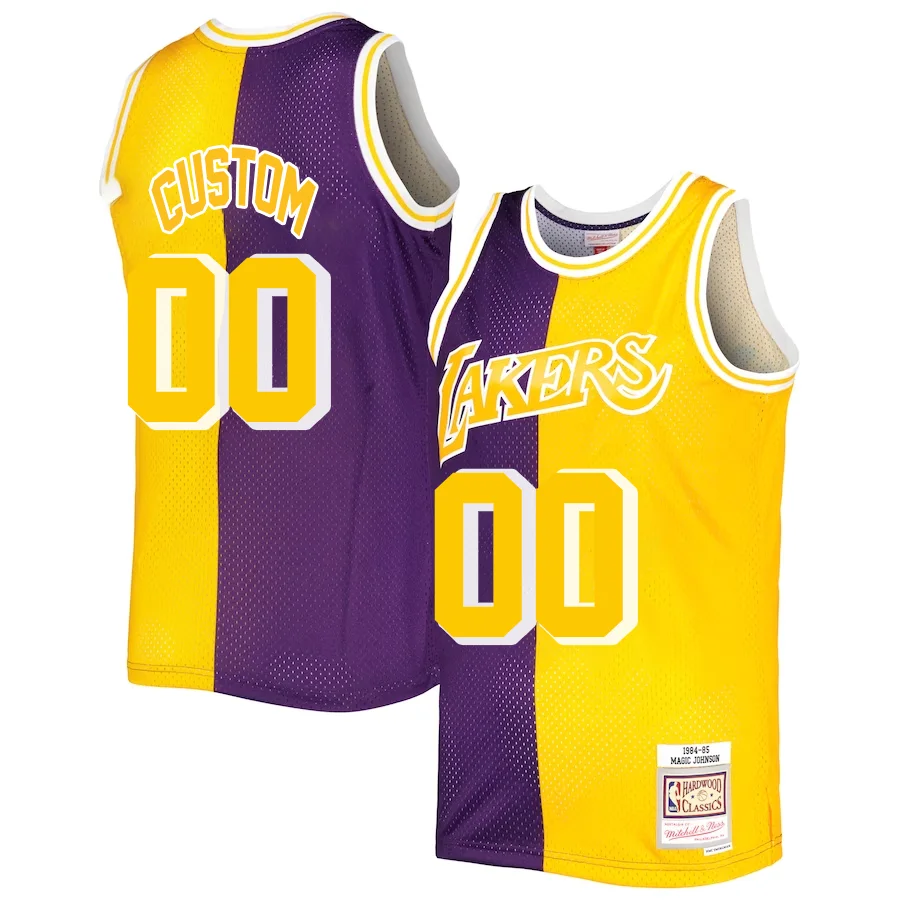 Custom Los Angeles Lakers Mitchell _ Ness Hardwood Classics 1984-85 Split Swingman Jersey - Purple Gold -