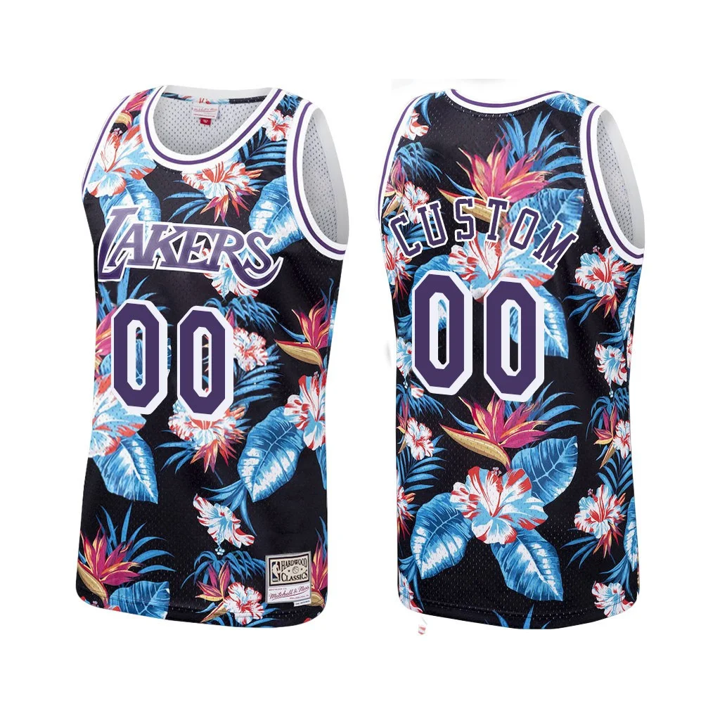 Men's Custom Los Angeles Lakers Black Jersey Floral Fashion Hardwood Classics -