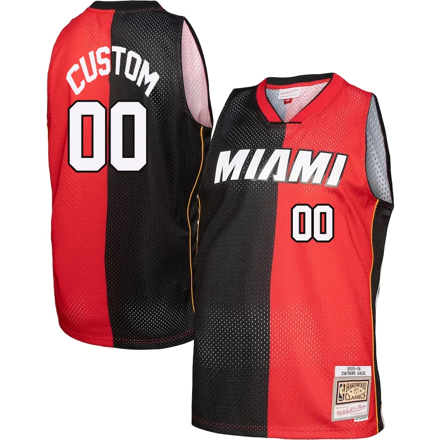 Custom Miami Heat Mitchell _ Ness Big _ Tall Hardwood Classics 2005-06 Split Swingman Jersey - Black Red -