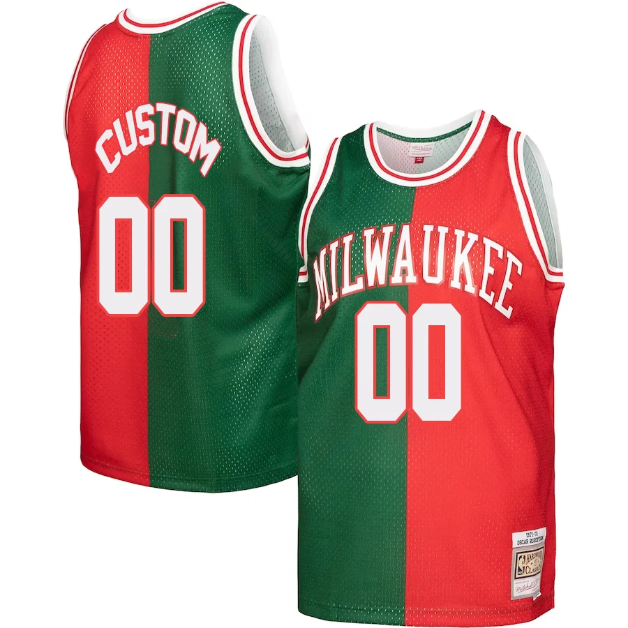 Custom Milwaukee Bucks Mitchell _ Ness Hardwood Classics 1971-72 Split Swingman Jersey - Green Red -