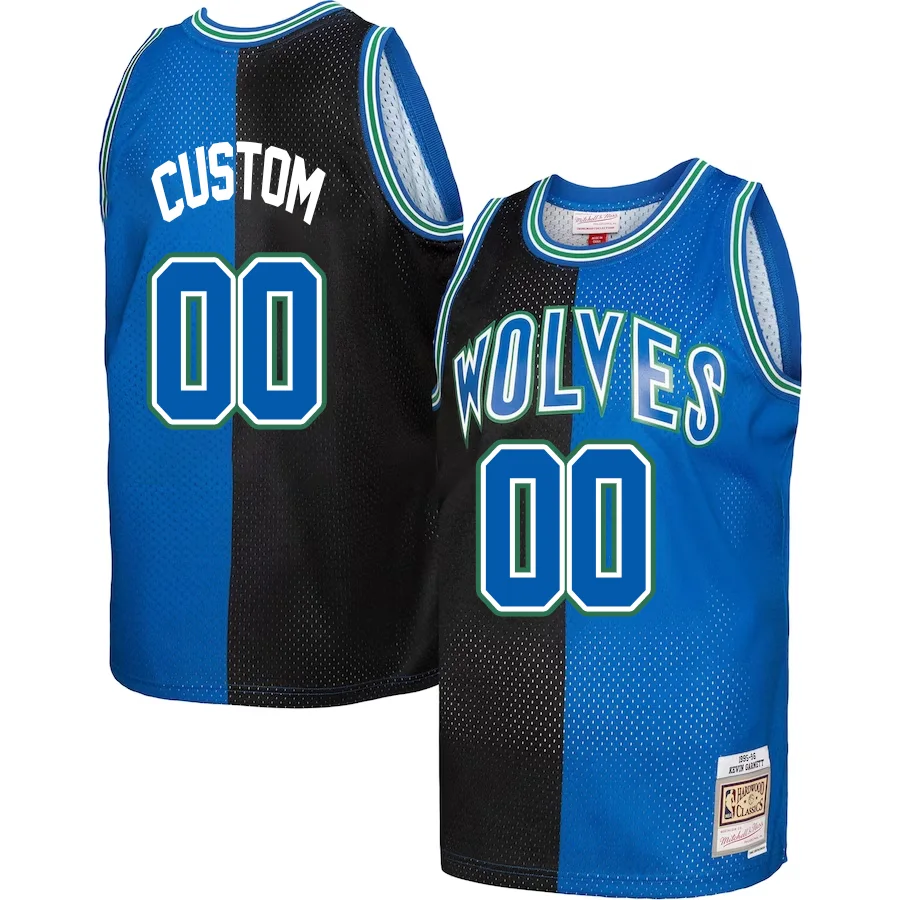 Custom Minnesota Timberwolves Mitchell _ Ness Hardwood Classics 1995-96 Split Swingman Jersey - Black-Blue -