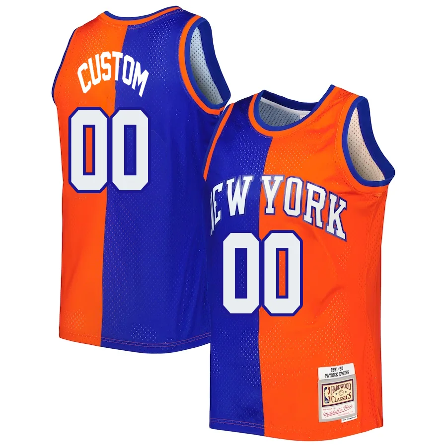Custom New York Knicks Mitchell _ Ness Hardwood Classics 1991-92 Split Swingman Jersey - Blue Orange -