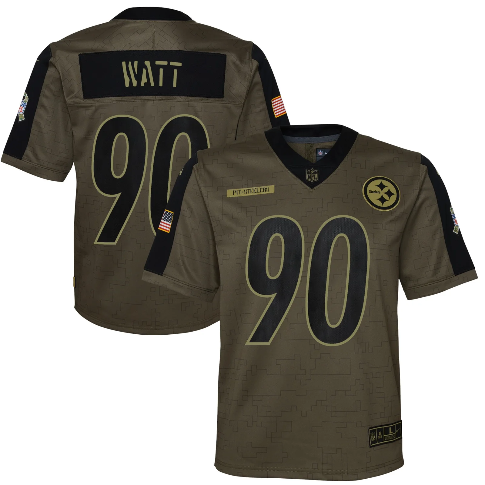 T.J. Watt Pittsburgh Steelers Youth 2021 Salute To Service Game Jersey - Olive -