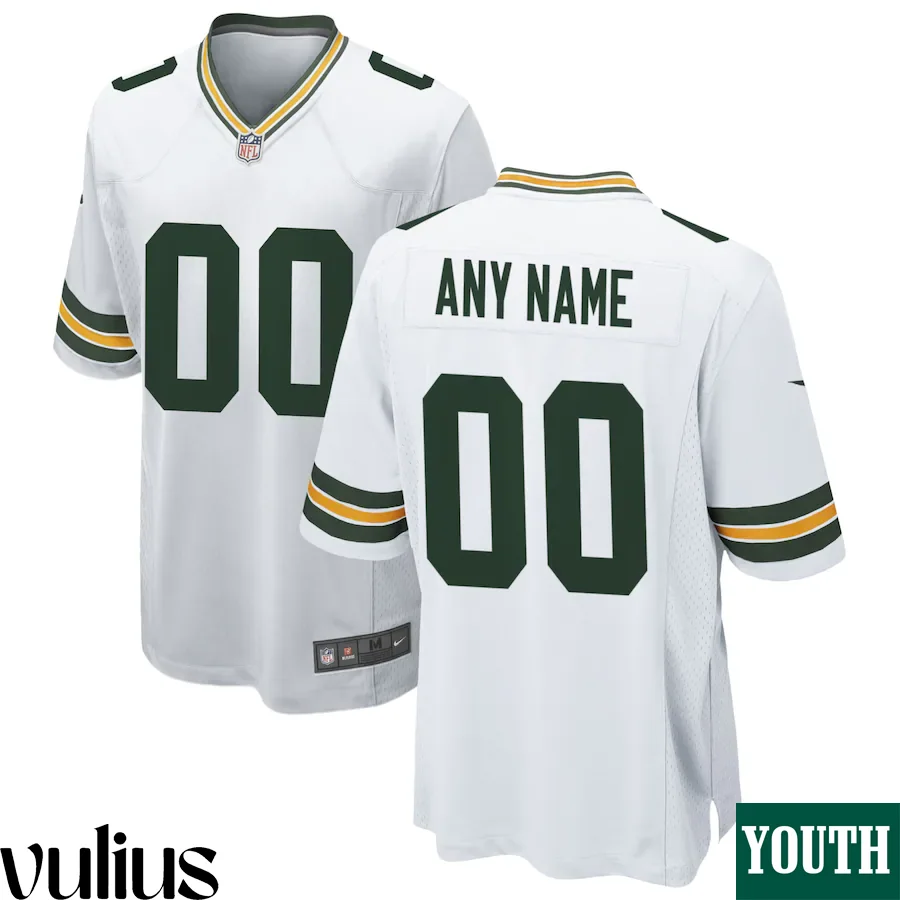 Packers Custom Jersey, White Youth's, Road Game Custom Jersey -