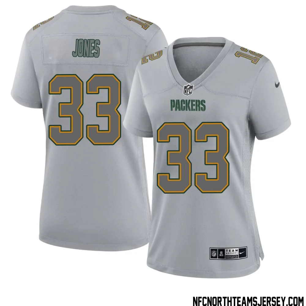 Aaron Jones No 33 Green Bay Packers Atmosphere Jersey Grey Womens