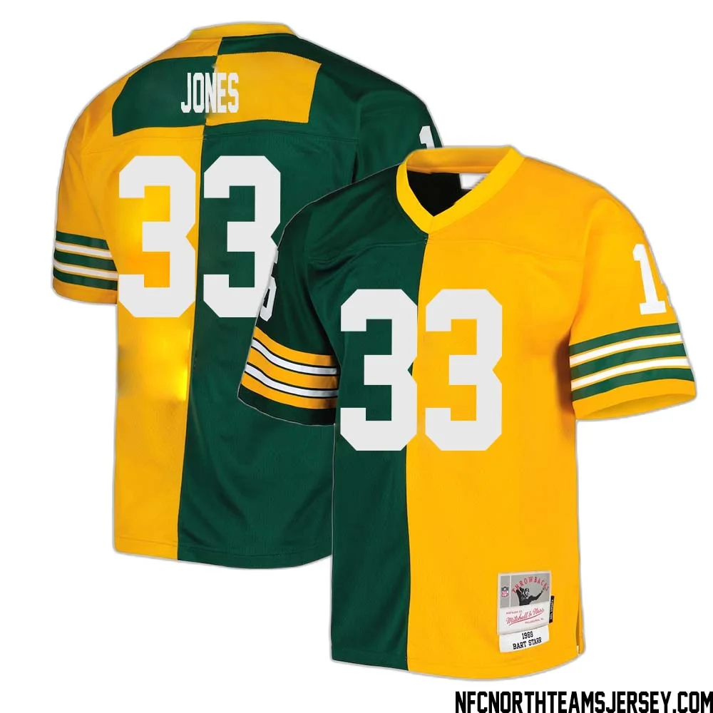 Aaron Jones No 33 Green Bay Packers Mitchell Ness 1969 Split Legacy Replica Jersey Green Gold