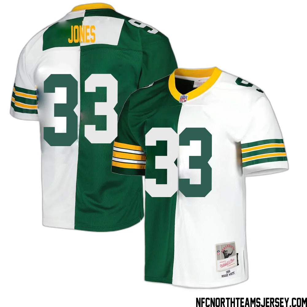 Aaron Jones No 33 Green Bay Packers Mitchell Ness 1996 Split Legacy Replica Jersey Green White 1