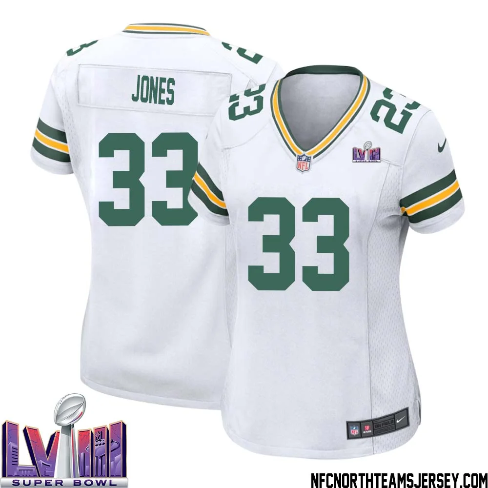 Aaron Jones No 33 Green Bay Packers Super Bowl LVIII Away Game Jersey Womens White 1
