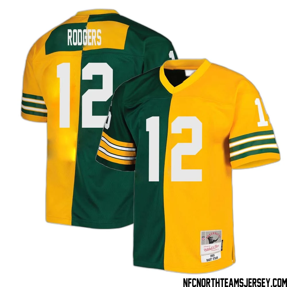 Aaron Rodgers No 12 Green Bay Packers Mitchell Ness 1969 Split Legacy Replica Jersey Green Gold 1