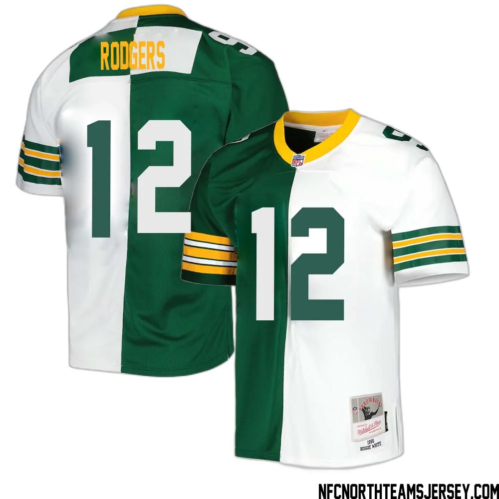 Aaron Rodgers No 12 Green Bay Packers Mitchell Ness 1996 Split Legacy Replica Jersey Green White 1
