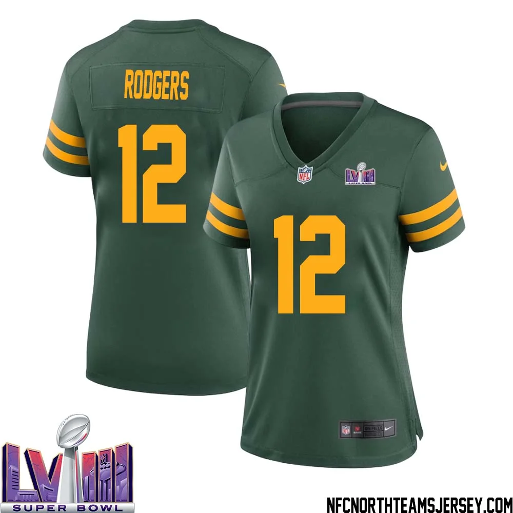Aaron Rodgers No 12 Green Bay Packers Super Bowl LVIII Alternate Green Jersey for Women