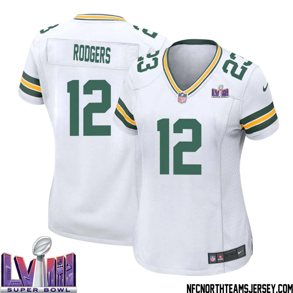 Aaron Rodgers No 12 Green Bay Packers Super Bowl LVIII Away Game Jersey Womens White 1