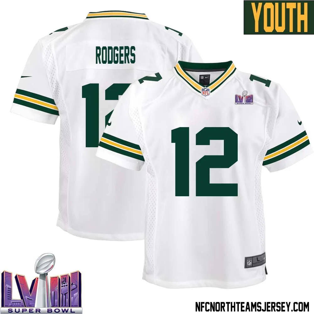 Aaron Rodgers No 12 Green Bay Packers Super Bowl LVIII Away Game Jersey Youth White