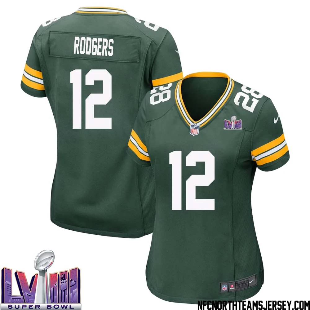 Aaron Rodgers No 12 Green Bay Packers Super Bowl LVIII Home Game Jersey Womens 1