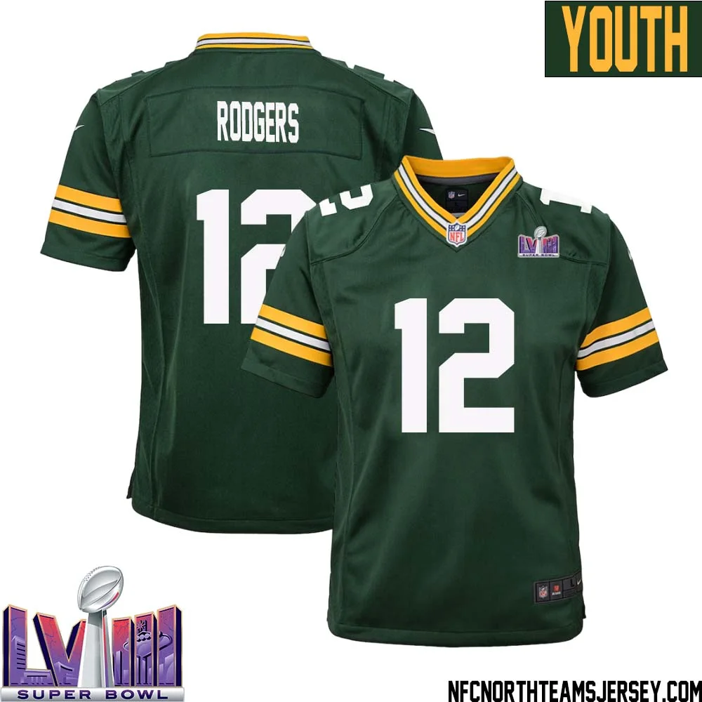 Aaron Rodgers No 12 Green Bay Packers Super Bowl LVIII Home Game Jersey Youth