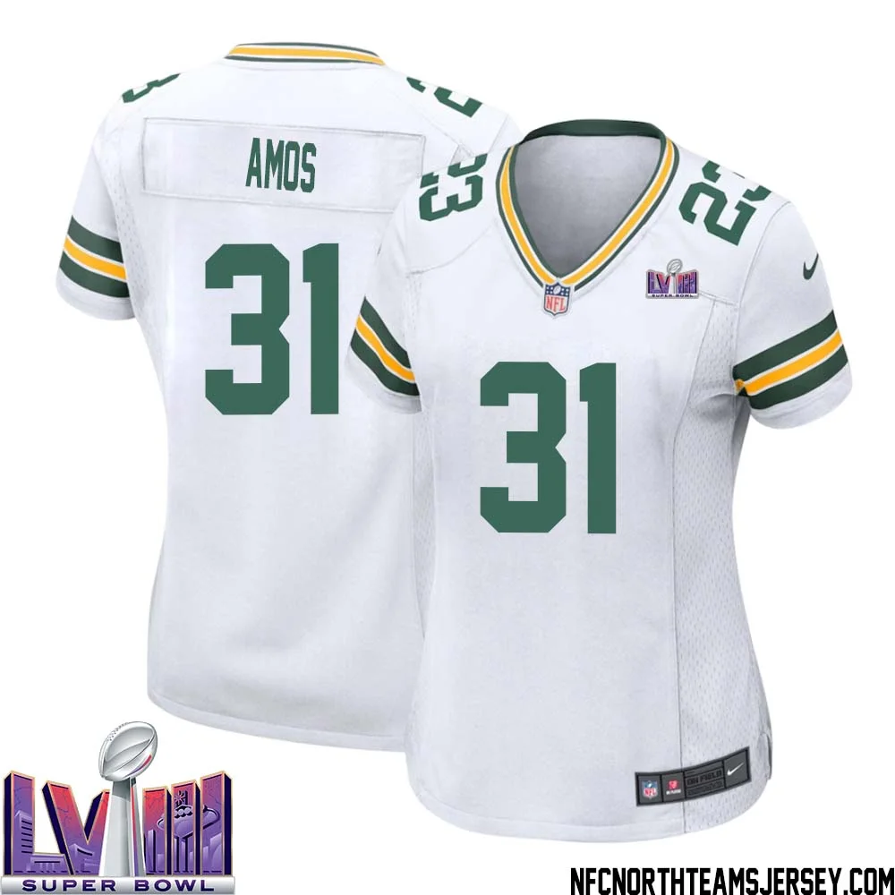 Adrian Amos No 31 Green Bay Packers Super Bowl LVIII Away Game Jersey Womens White 1
