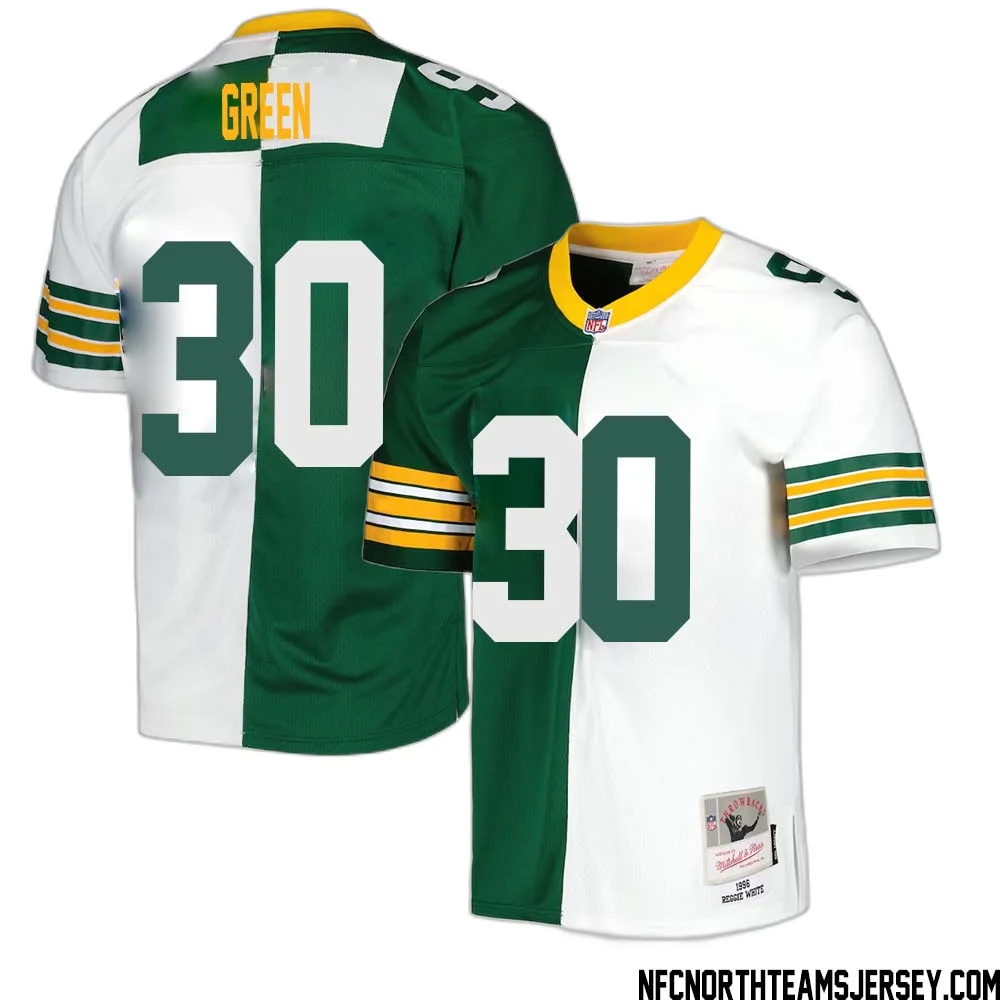 Ahman Green No 30 Green Bay Packers Mitchell Ness 1996 Split Legacy Replica Jersey Green White 1