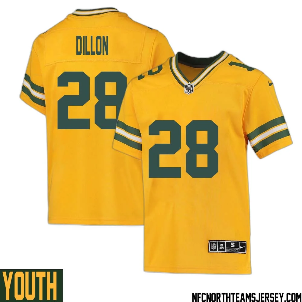 AJ Dillon No 28 Davante Adams Green Bay Packers Inverted Legend Jersey Gold Youth