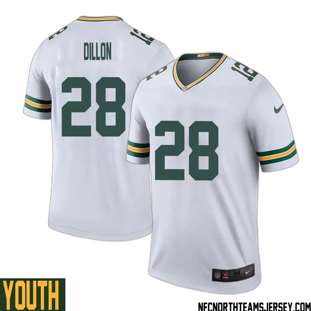 AJ Dillon No 28 Green Bay Packers Color Rush Legend Jersey White Youth 1