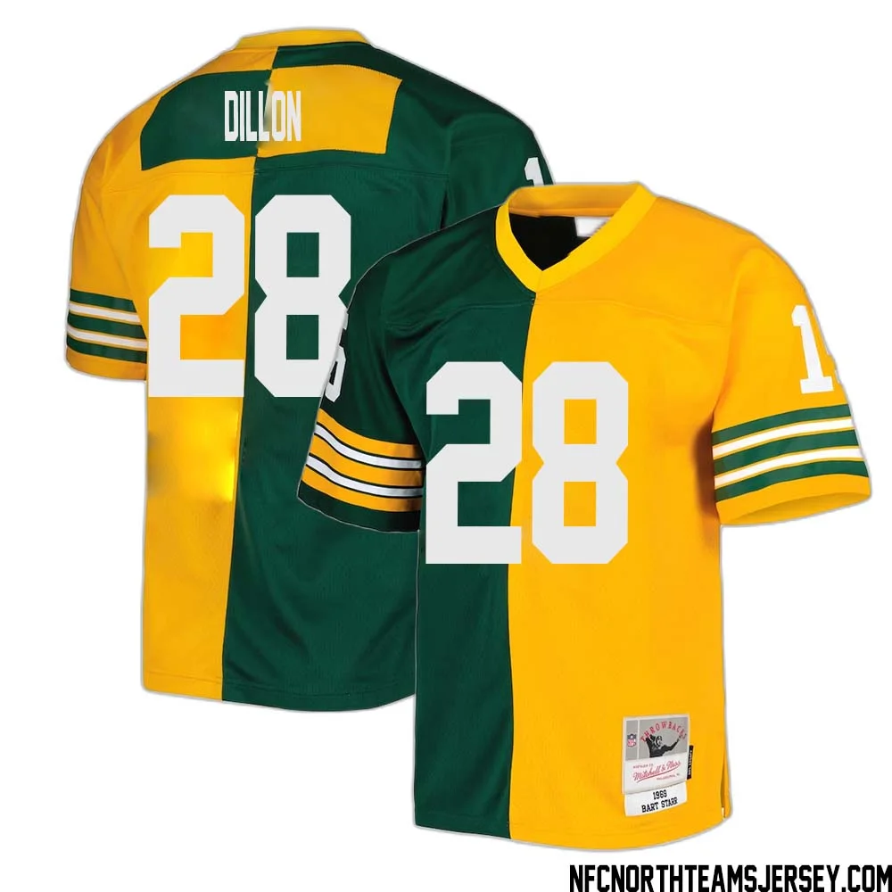 AJ Dillon No 28 Green Bay Packers Mitchell Ness 1969 Split Legacy Replica Jersey Green Gold 1
