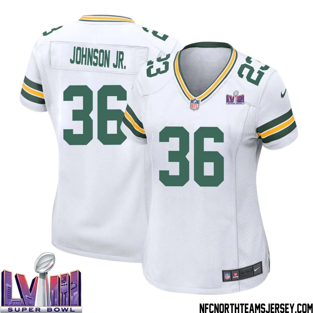 Anthony Johnson Jr. No 36 Green Bay Packers Super Bowl LVIII Away Game Jersey Womens White