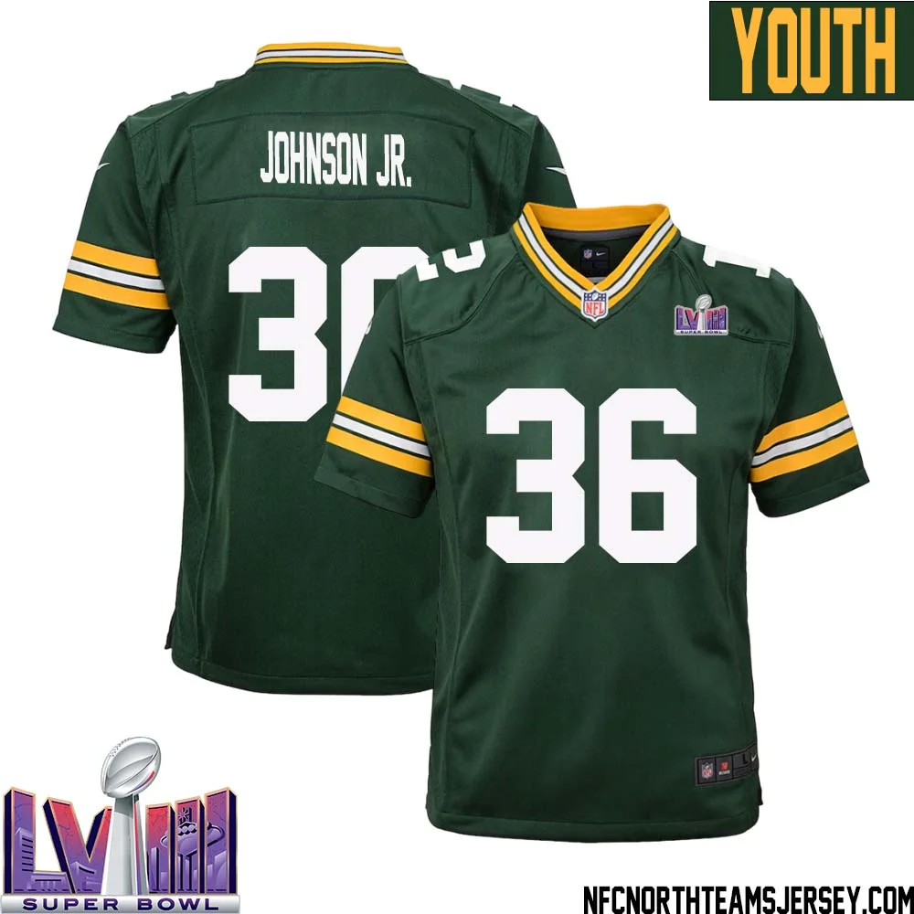 Anthony Johnson Jr. No 36 Green Bay Packers Super Bowl LVIII Home Game Jersey Youth 1