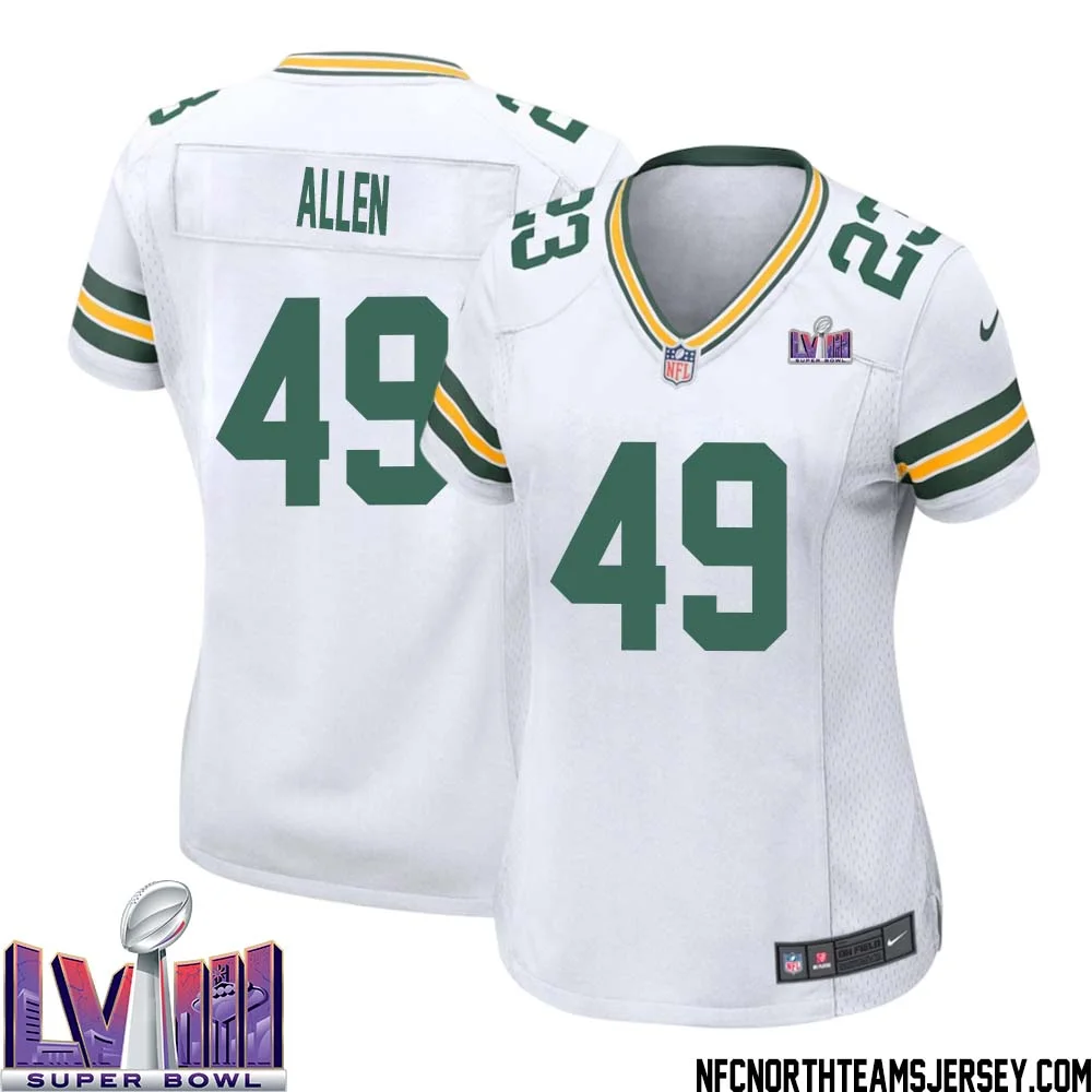 Austin Allen No 49 Green Bay Packers Super Bowl LVIII Away Game Jersey Womens White