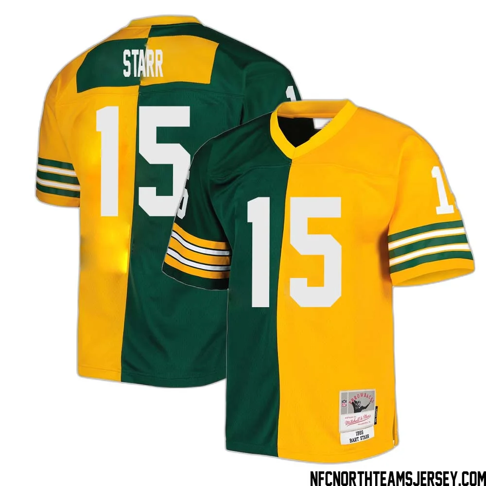 Bart Starr No 15 Green Bay Packers Mitchell Ness 1969 Split Legacy Replica Jersey Green Gold 1