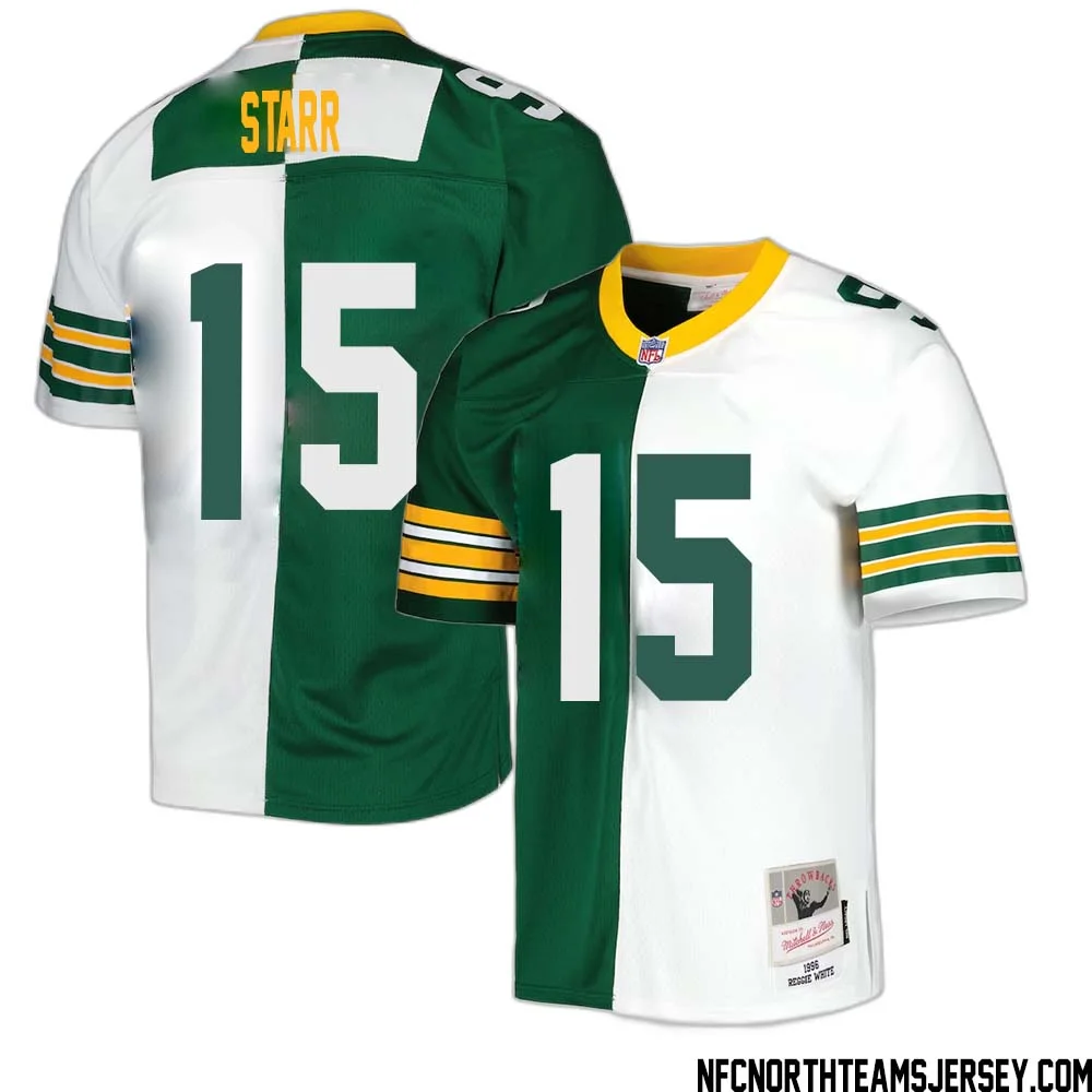 Bart Starr No 15 Green Bay Packers Mitchell Ness 1996 Split Legacy Replica Jersey Green White