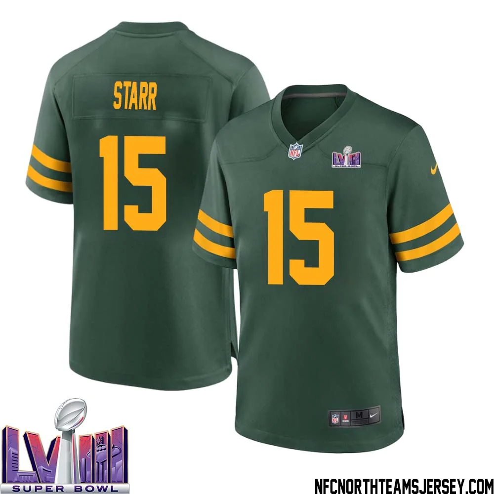 Bart Starr No 15 Green Bay Packers Super Bowl LVIII Alternate Green Jersey for Men 1