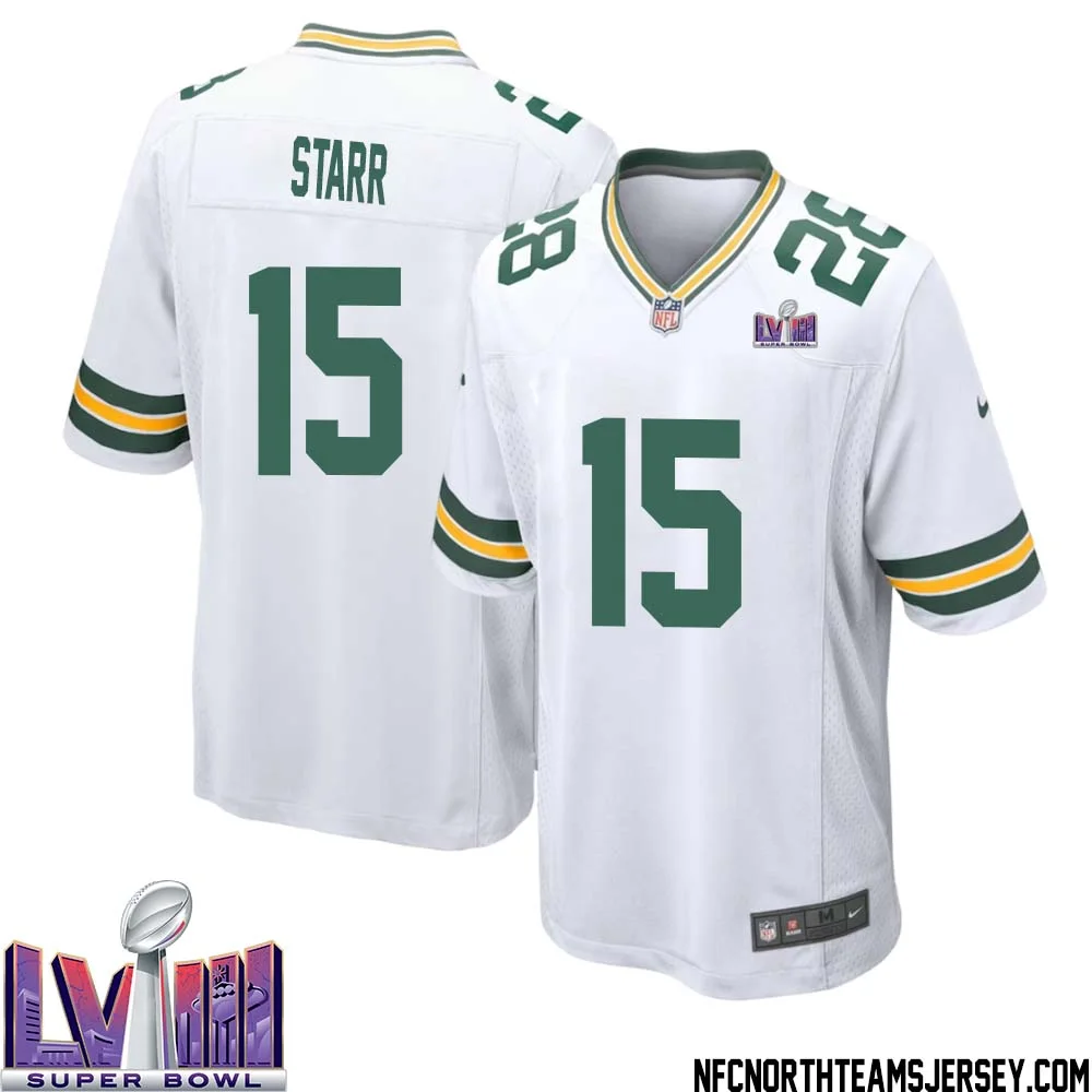 Bart Starr No 15 Green Bay Packers Super Bowl LVIII Away Game Jersey Mens White