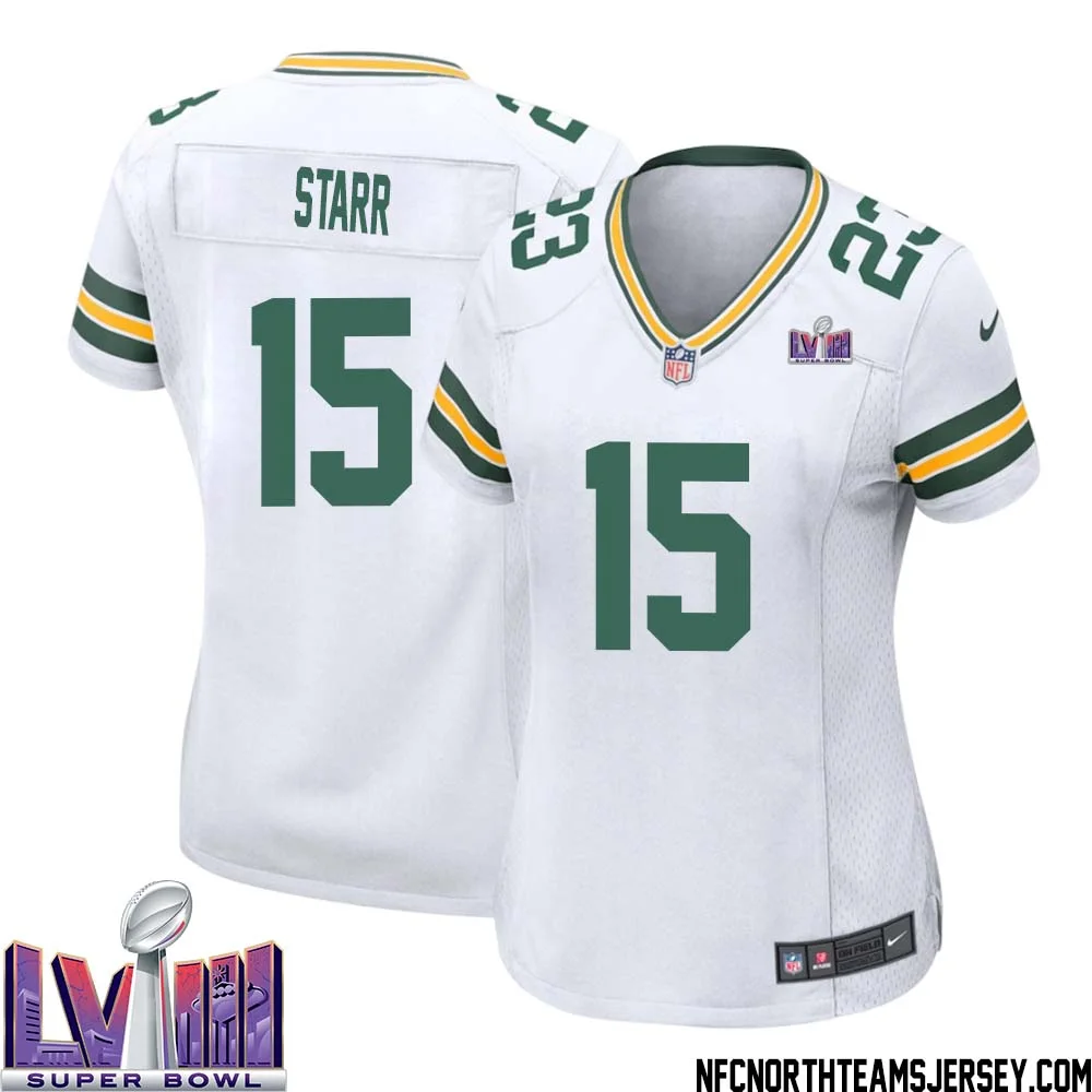 Bart Starr No 15 Green Bay Packers Super Bowl LVIII Away Game Jersey Womens White
