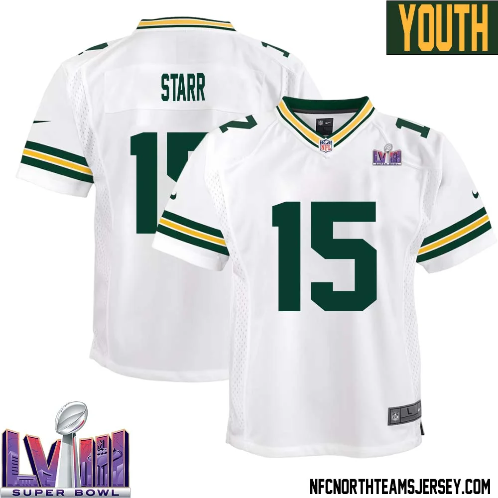 Bart Starr No 15 Green Bay Packers Super Bowl LVIII Away Game Jersey Youth White 1