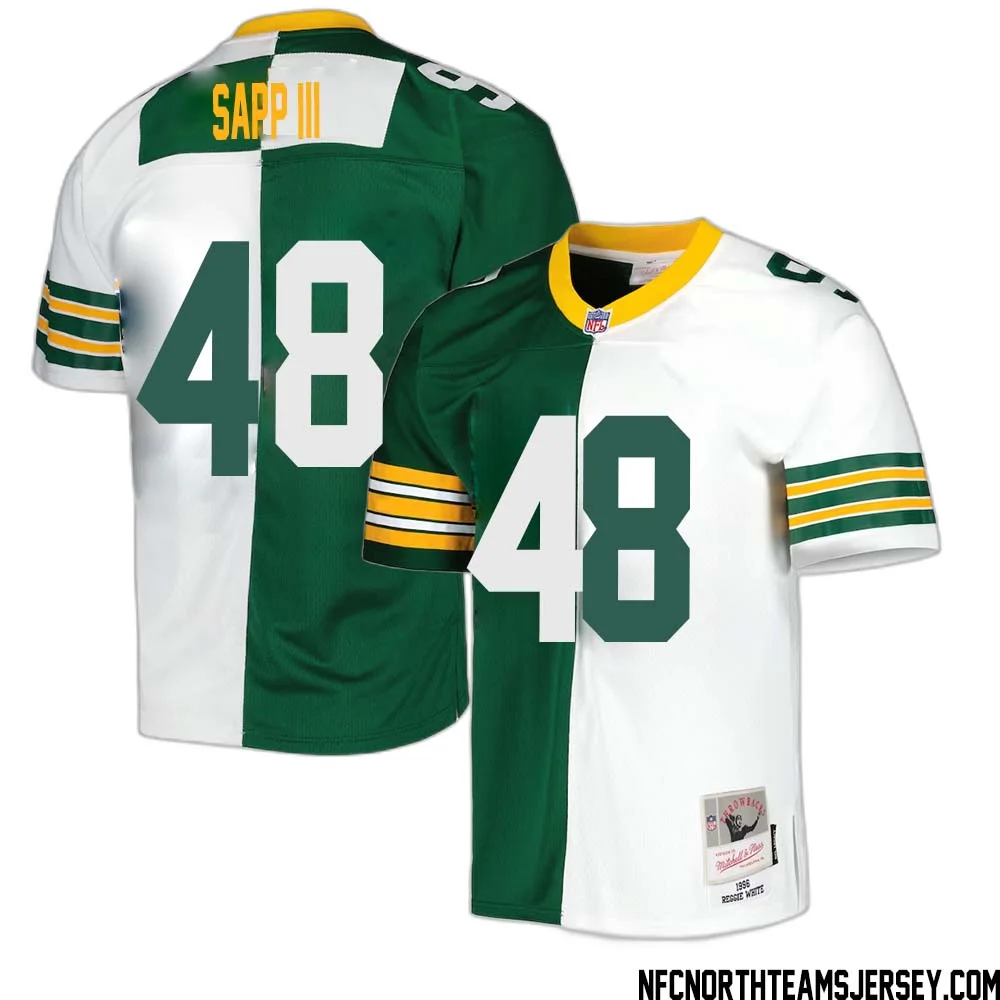 Benny Sapp III No 48 Green Bay Packers Mitchell Ness 1996 Split Legacy Replica Jersey Green White 1