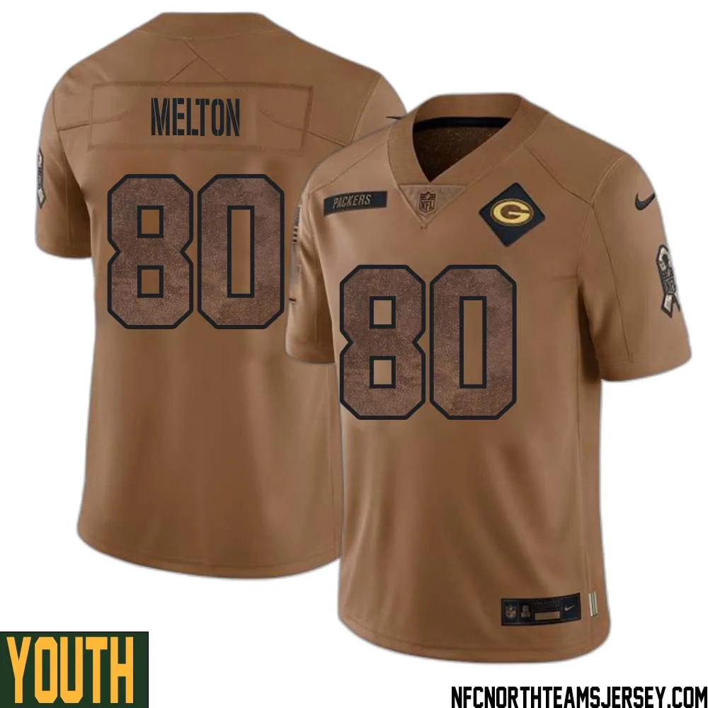 Bo Melton No 80 Green Bay Packers 2023 Salute To Service Limited Player Jersey Youth Brown