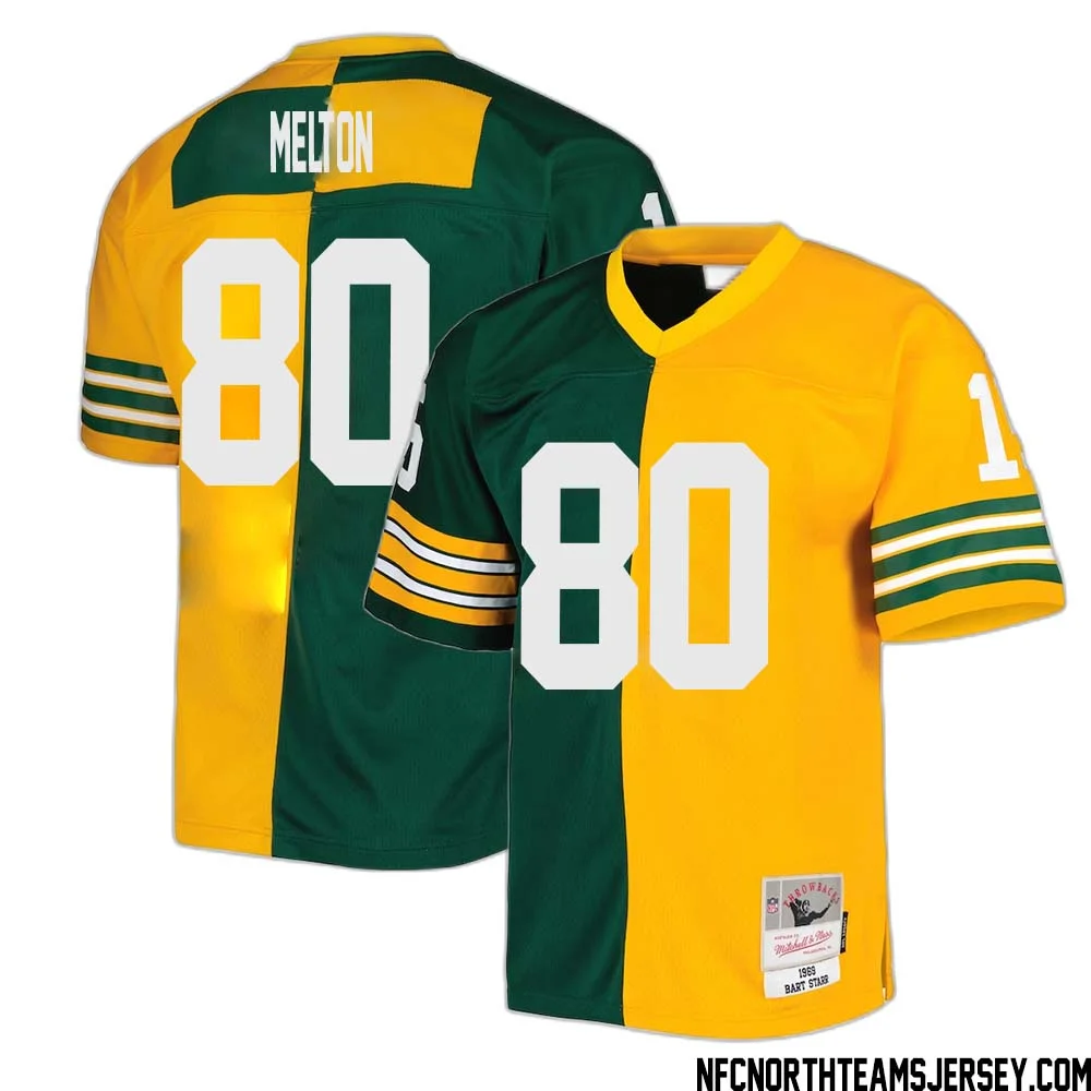 Bo Melton No 80 Green Bay Packers Mitchell Ness 1969 Split Legacy Replica Jersey Green Gold