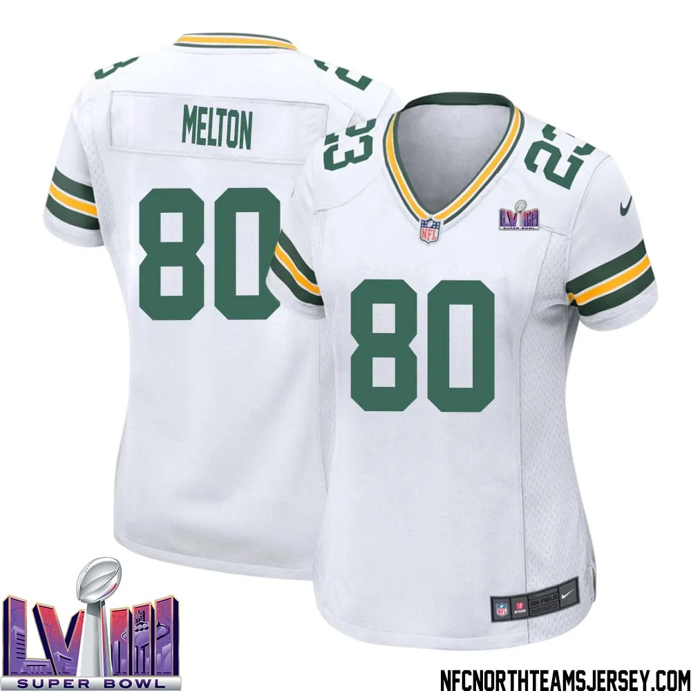 Bo Melton No 80 Green Bay Packers Super Bowl LVIII Away Game Jersey Womens White 1