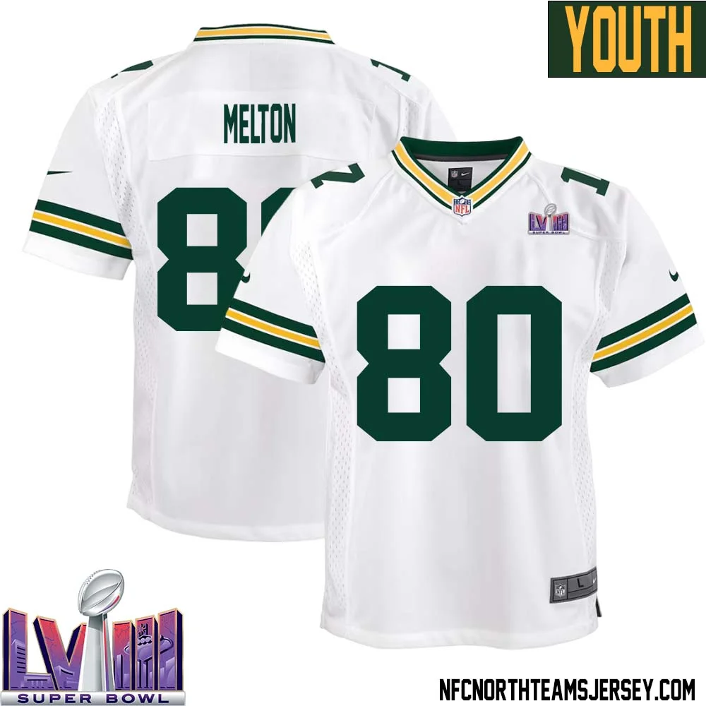 Bo Melton No 80 Green Bay Packers Super Bowl LVIII Away Game Jersey Youth White 1